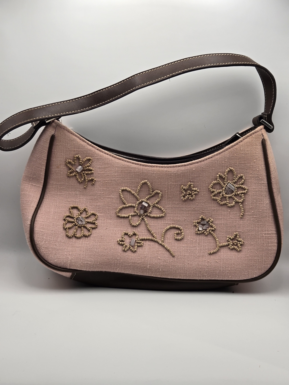 Vintage Liz Claiborne beaded floral design pink canvas shoulder bag